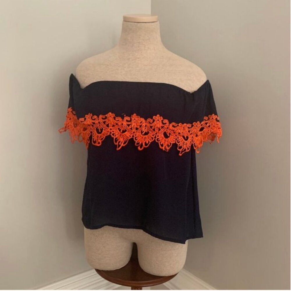 Fashion Spy Navy Off-the-Shoulder Blouse with Orange Embroidered Trim Size Small